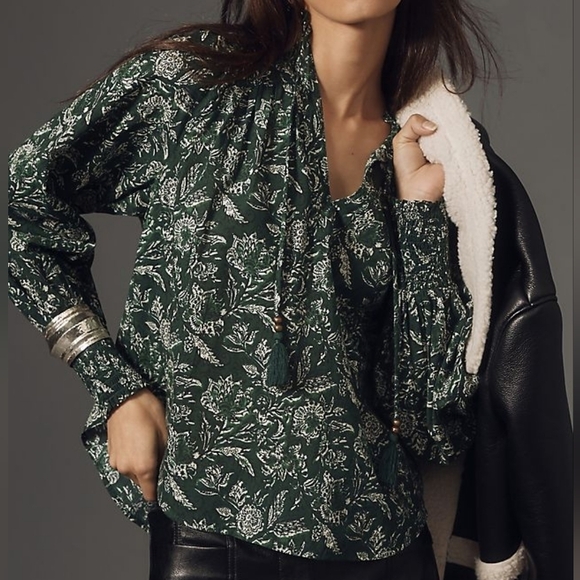 Anthropologie Tops - Anthropologie Green Floral Blouse